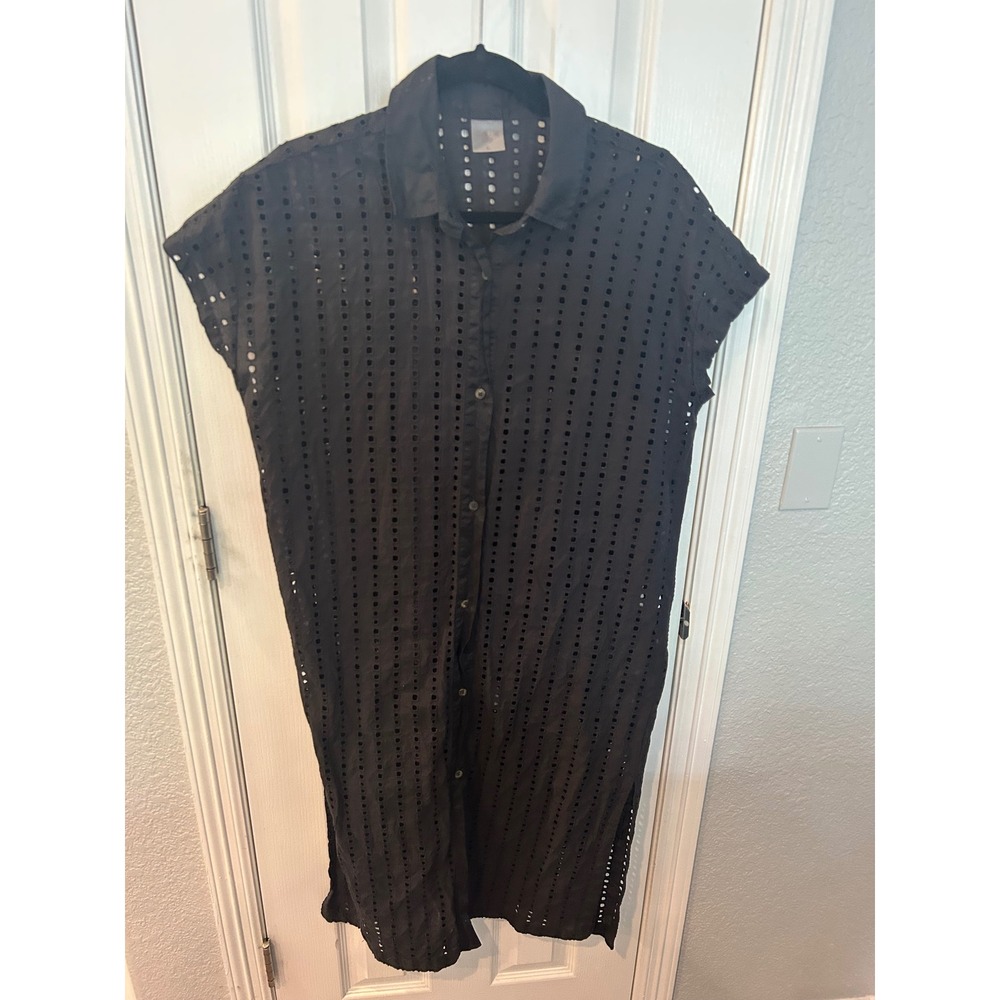 Calla Shirt Dress Black Eyelet Cotton Button Down Cap Sleeve Midi Cover Up L